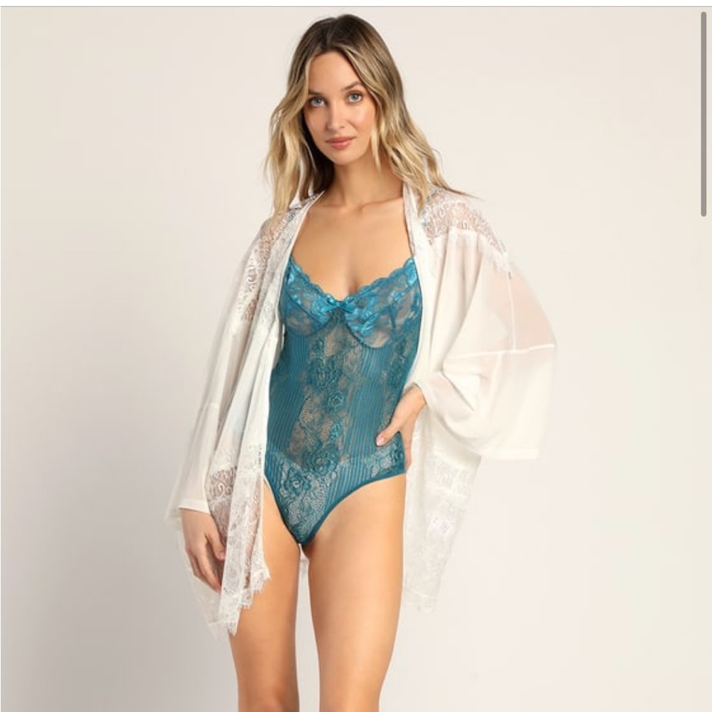 Lulu’s Turquoise Sheer Lace Bodysuit